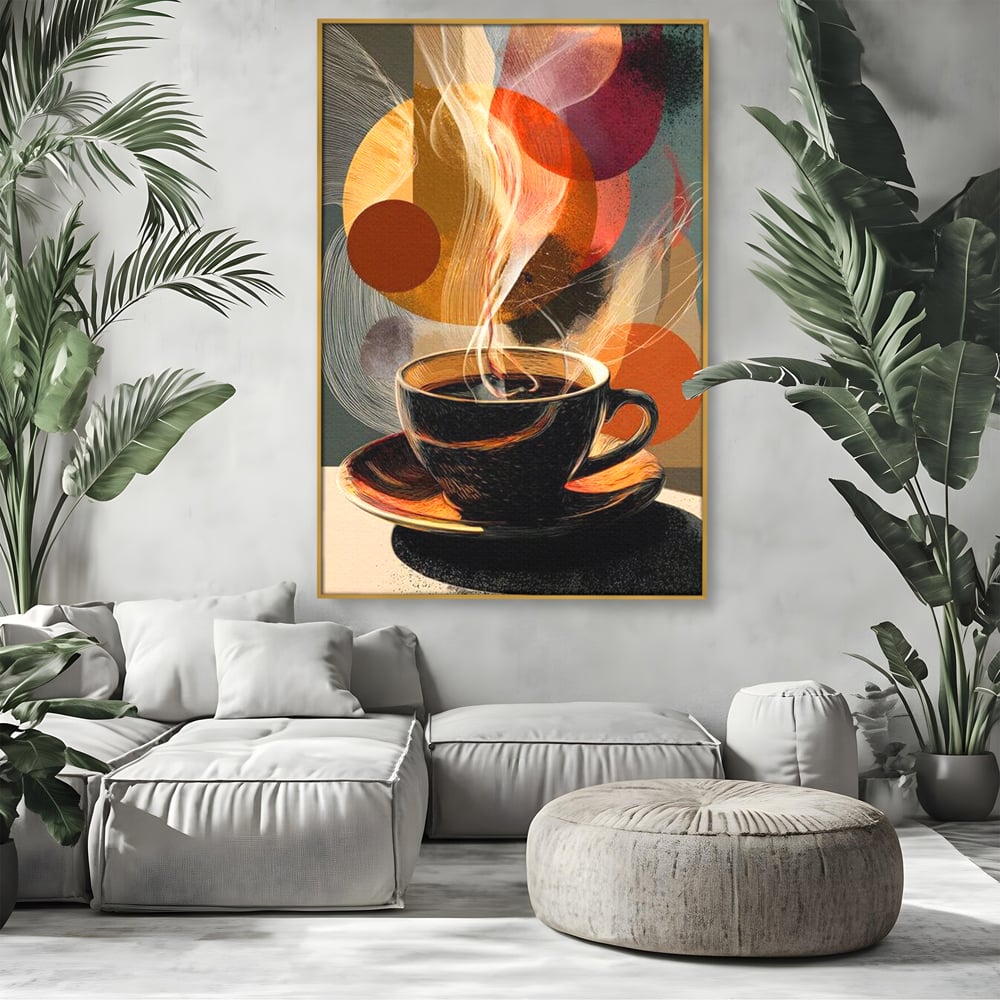 Tablou canvas cu tablou canvas cu ceasca de cafea, in rama de aluminiu auriu, pe perete intr-un living
